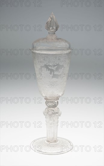 Goblet (Pokal) with Herm Stem, 1734, Germany, Hesse-Kassel, Western Germany, Glass, blown and molded with wheel-engraved decoration, 24.9 x 10 cm (9 13/16 x 3 15/16 in.)