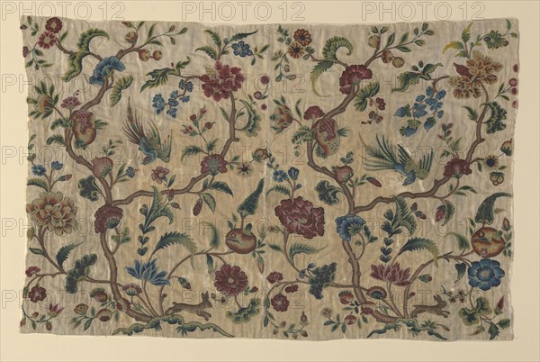 Portion from a Valance, 1701/25, England, Linen, plain weave over coarser and heavy plain weave linen, embroidered through both layers in wool yarns, in chain, long, short and feather stitches, French knots, b: 56.1 × 86.8 cm (22 1/8 × 34 1/8 in.)