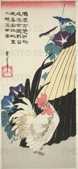 Rooster, umbrella, and morning glories, 1830s, Utagawa Hiroshige ?? ??, Japanese, 1797-1858, Japan, Color woodblock print, otanzaku, 38.5 x 17.2 cm (15 1/8 x 6 3/4 in.)
