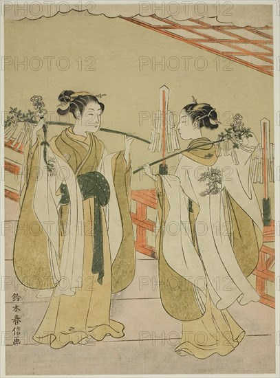 Shrine Maidens Onami and Ohatsu Dancing at Yushima Tenjin Shrine, c. 1769, Suzuki Harunobu ?? ??, Japanese, 1725 (?)-1770, Japan, Color woodblock print, chuban, 10 3/4 x 7 3/4 in.