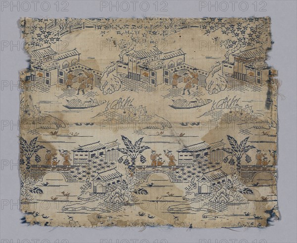 Fragment, late Edo period (1789–1868), 1800/25, Japan, Single plain compound cloth, silk & gilt? paper, 2 1/2 strips to m.m., 17.1 x 20.9 (6 3/4 x 8 1/4 in)