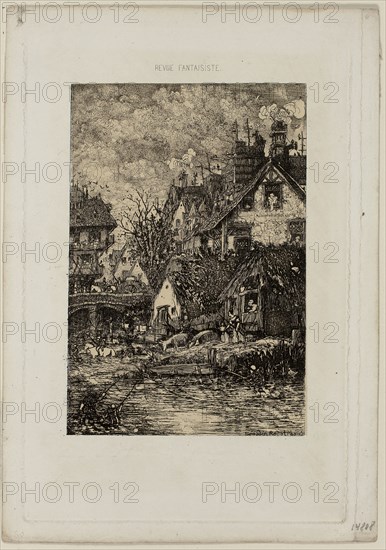 Entering a Village, from Revue Fantaisiste, 1861, Rodolphe Bresdin, French, 1825-1885, France, Etching on cream China paper laid down on white wove paper, 148 × 100 mm (image), 208 × 135 mm (plate), 225 × 158 mm (sheet)