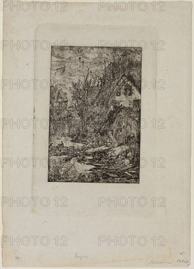 Entering a Village, from Revue Fantaisiste, 1861, Rodolphe Bresdin, French, 1825-1885, France, Etching on gray chine, 148 × 100 mm (image), 208 × 135 mm (plate), 292 × 208 mm (sheet)
