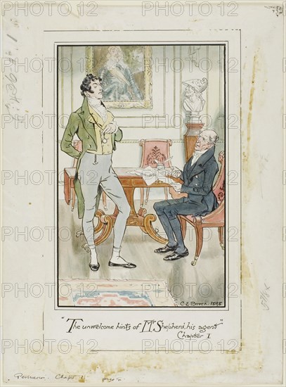 ‘The unwelcome hints of Mr. Shepherd, his Agent,’ Chapter I frontispiece for Jane Austen’s Persuasion, 1898, Charles Edmund Brock, English, 1870-1938, England, Pen and black ink with brush and watercolor, on ivory wove card, 298 × 222 mm