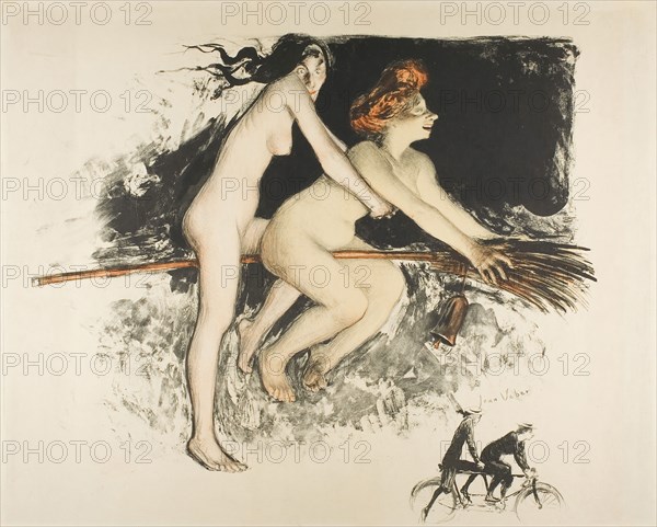 Witches, 1900, Jean Veber, French, 1864-1928, France, Lithograph from three stones in black (lavis and crayon), orange-red, and yellow, with remarque, on cream wove paper, laid down on board, 430 × 498 mm (image), 465 × 619 mm (sheet)