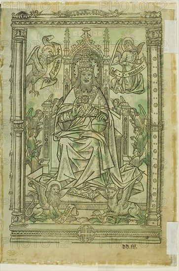 The Crucifixion with the Virgin and St. John (recto), God, the Father, Enthroned with the Signs of the Evangelists (verso), 1495/1525, Unknown Artist (French, 16th century), printed by Nicolas Prévost (French, active 16th century), published by Arnold Birckman (German, died 1542), France, Woodcut in black, with hand-coloring, on parchment, 266 × 176 mm (image), 300 × 203 mm (sheet)