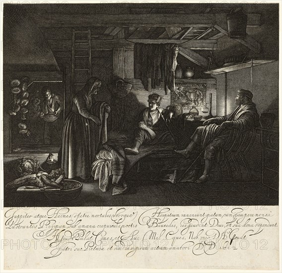 Jupiter and Mercury in the House of Philemon and Baucis, 1612, Hendrik Goudt (Dutch, 1583-1648), after Adam Elsheimer (German, 1578-1610), Netherlands, Engraving in black on ivory laid paper, 213 x 220 mm