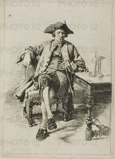 The Grand Smoker, 1843, Jean Louis Ernest Meissonier, French, 1815-1891, France, Etching and drypoint on ivory China paper, laid down on ivory wove paper, laid down on ivory card, 79 × 65 mm (image), 93 × 66 mm (primary support), 96 × 69 mm (plate), 276 × 178 mm (secondary support), 276 × 179 mm (tertiary support)