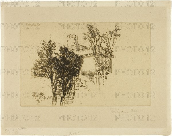 The Turret, 1879, Francis Seymour Haden, English, 1818-1910, England, Etching on zinc printed on cream laid paper, 143 × 222 mm (image/plate), 228 × 288 mm (sheet)