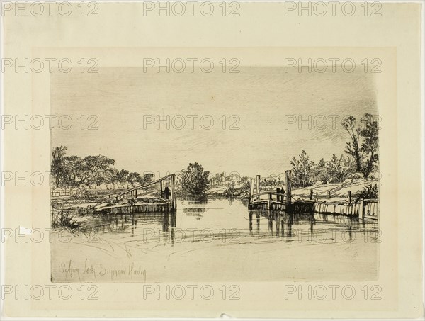 Egham Lock, c. 1859, Francis Seymour Haden, English, 1818-1910, England, Etching and drypoint on cream laid paper, 147 × 223 mm (image/plate), 216 × 285 mm (sheet)