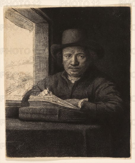 Self-Portrait Etching at a Window, 1648, Rembrandt van Rijn, Dutch, 1606-1669, Holland, Etching, drypoint and engraving on buff laid paper, 154 x 129 mm (image), 156 x 131 mm (sheet, cut within plate mark)