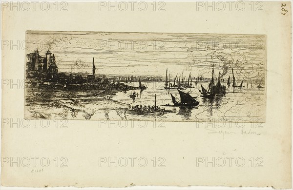The Inn, Purfleet, c. 1869, Francis Seymour Haden, English, 1818-1910, England, Etching and drypoint on zinc printed on ivory laid paper, 93 × 253 mm (image/plate), 192 × 303 mm (sheet)