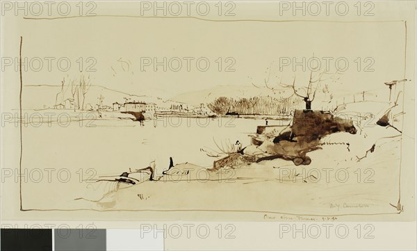 Arno above Florence, September 3, 1900, David Young Cameron, Scottish, 1865-1945, Scotland, Pen and brown ink, with brush and brown wash, over traces of graphite, on cream wove paper, 171 x 320 mm