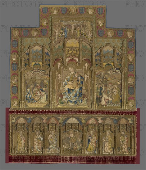 Retable (Depicting Madonna and Child, Nativity, and Adoration of the Magi, Altar Frontal Depicting the Resurrection and Six Apostles), c. 1468, Spain, El Burgo de Osma, Spain, Linen plain weave ground appliquéd with linen and silk plain weaves and silk velvet, embroidered with silk floss and creped threads, gilt- and-silvered-metal-strip-wrapped silk threads, seed pearls and metal spangles, Retable (a): 167 × 203.5 cm (65 3/4 × 80 1/8 in.)