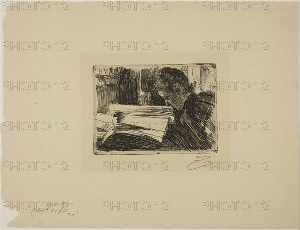 Lady Reading (Mrs. Zorn), 1890, Anders Zorn, Swedish, 1860-1920, Sweden, Etching on tan wove paper, 100 x 138 mm (image/plate), 252 x 330 mm (sheet)