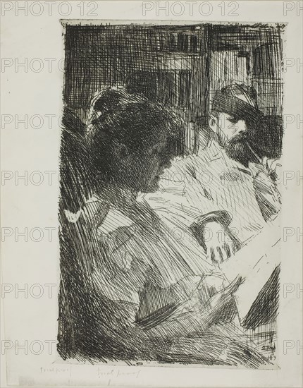 Reading (Mr. and Mrs. Ch. Deering), 1893, Anders Zorn, Swedish, 1860-1920, Sweden, Etching on off-white wove paper, 240 x 157 mm (image/plate), 267 x 212 mm (sheet)