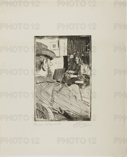 Albert Besnard and His Model, 1896, Anders Zorn, Swedish, 1860-1920, Sweden, Etching on ivory laid paper, 225 x 150 mm (image), 234 x 152 mm (plate), 425 x 349 mm (sheet)