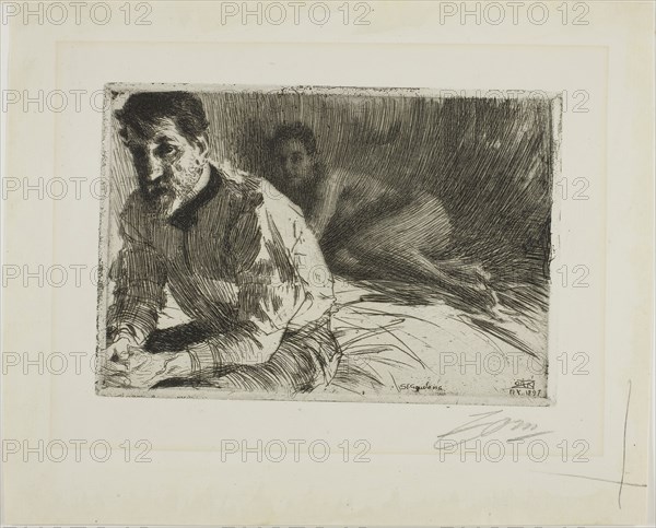 Augustus Saint-Gaudens II (Saint-Gaudens and His Model), 1897, Anders Zorn, Swedish, 1860-1920, Sweden, Etching on ivory laid paper, 129 x 190 mm (image), 135 x 198 mm (plate), 226 x 279 mm (sheet)