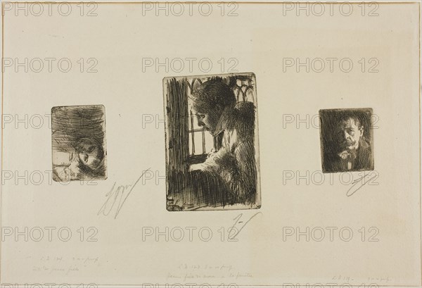 Girl’s Head, Peasant Girl at Window, Anders Zorn, 1897–98, Anders Zorn, Swedish, 1860-1920, Sweden, Three etchings on ivory laid paper, 52 x 70 mm (image/plate, left), 128 x 88 mm (image/plate, center), 60 x 51 mm (image/plate, right), 266 x 394 mm (sheet)