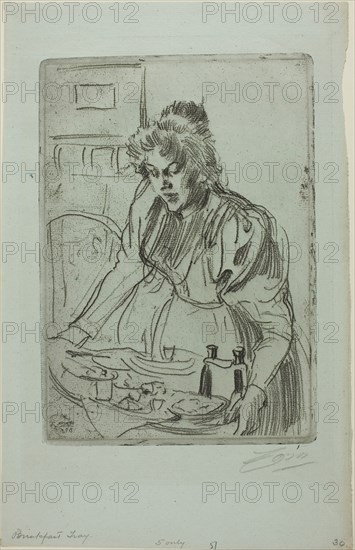 The Breakfast, 1898, Anders Zorn, Swedish, 1860-1920, Sweden, Soft ground etching on light blue laid paper, 230 x 161 mm (image), 238 x 168 mm (plate), 334 x 215 mm (sheet)