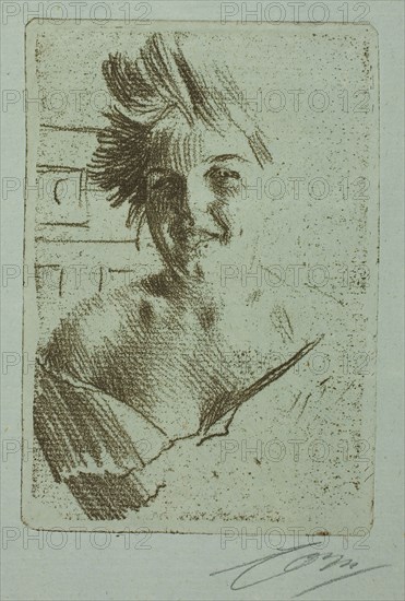 Laughing Model I, 1898, Anders Zorn, Swedish, 1860-1920, Sweden, Soft ground etching on light blue laid paper, 128 x 88 mm (image/plate), 330 x 210 mm (sheet)