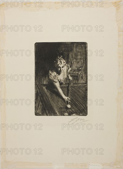 Billiards, 1898, Anders Zorn, Swedish, 1860-1920, Sweden, Etching on ivory laid paper, 178 x 128 mm (image/plate), 400 x 298 mm (sheet)