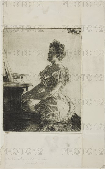 At the Piano, 1900, Anders Zorn, Swedish, 1860-1920, Sweden, Etching on ivory laid paper, 200 x 151 mm (image/plate), 322 x 197 mm (sheet, torn)