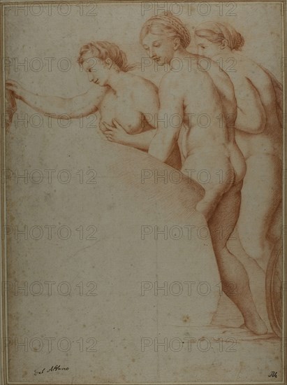 Three Nude Women, n.d., after Raffaello Sanzio, called Raphael, and his workshop, Italian, 1483-1520, Italy, Red chalk on ivory laid paper, laid down on card, 389 x 287 mm