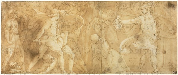 Perseus with the Head of Medusa, Turning Phineus and his Followers to Stone, 1567, After Polidoro Caldara, called Polidoro da Caravaggio, Italian, c. 1499-c. 1543, Italy, Pen and brown ink with brush and brown wash, over black chalk, on ivory laid paper, 204 x 487 mm