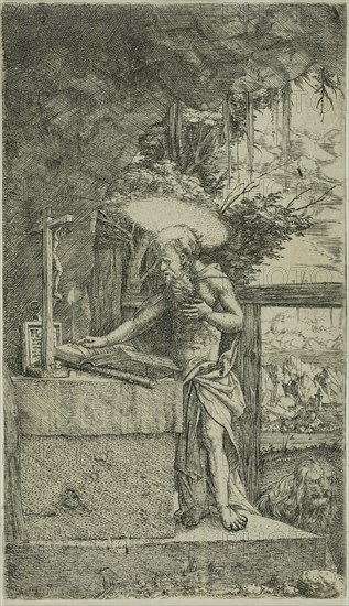 Saint Jerome Reading, 1500/1538, Albrecht Altdorfer, German, c.1480-1538, Germany, Engraving in black on ivory laid paper, 104 x 60 mm (image/plate/sheet)