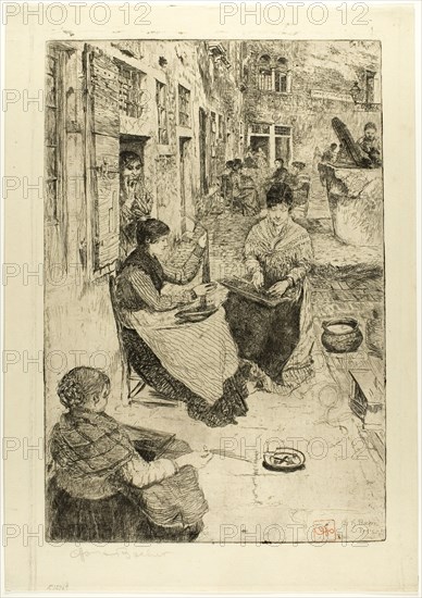 Bead Stringers, 1882, Otto Henry Bacher, American, 1856-1909, United States, Etching in black on cream laid paper, 334 x 226 mm (image/plate), 391 x 275 mm (sheet)