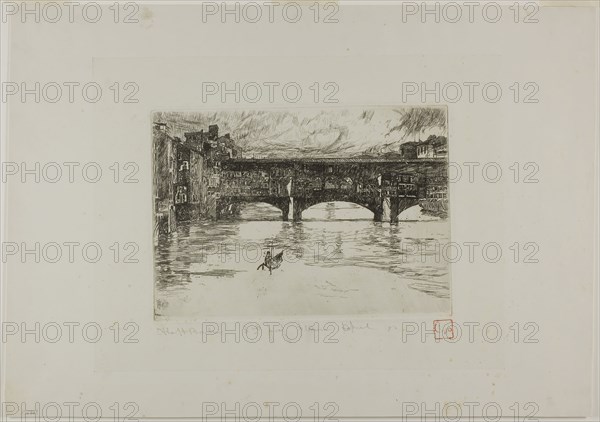 Ponte Vecchio, destroyed plate, 1880, Otto Henry Bacher, American, 1856-1909, United States, Etching on ivory chine mounted on ivory wove paper, 157 x 225 mm (image), 160 x 226 mm (plate), 313 x 442 mm (sheet)