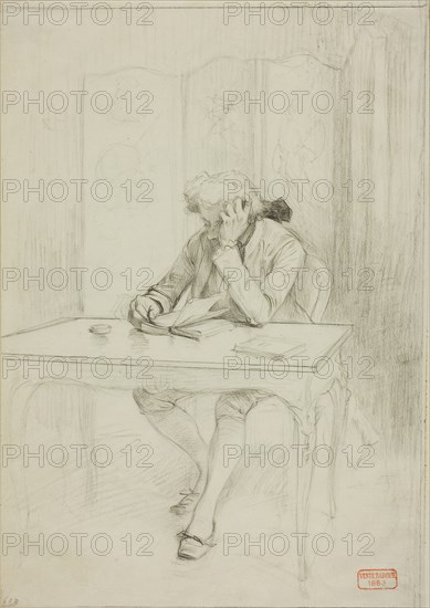 Man in Eighteenth-Century Dress, Seated at Table and Reading, n.d., Charles Bargue, French, 1826-1883, France, Black crayon on ivory wove paper, 252 × 178 mm