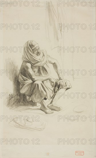 Seated Arab, c. 1850, Charles Bargue, French, 1826-1883, France, Black Conté crayon, on ivory wove paper (discolored to cream), 308 × 186 mm