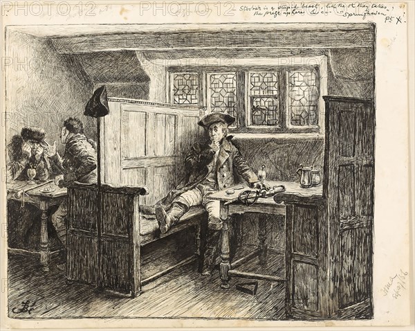 The Eavesdropper, c. 1886, Frederick Barnard, English, 1846-1896, England, Pen and black ink, heightened with varnish, on ivory wove card, 303 × 380 mm