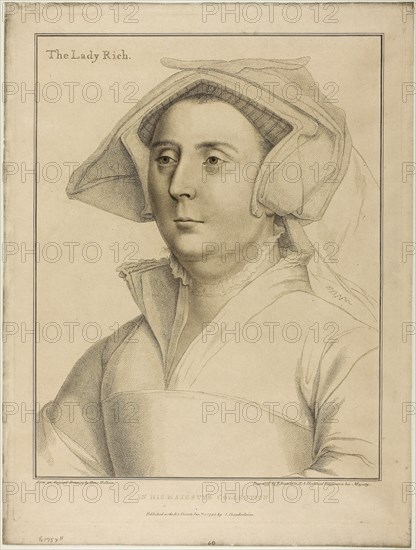 Lady Rich, January 1, 1795, Francesco Bartolozzi (Italian, 1727-1815), after Hans Holbein the younger (German, 1497-1543), Italy, Stipple engraving on buff wove paper, 378 x 296 mm (image), 431 x 329 mm (plate), 461 x 348 mm (sheet)