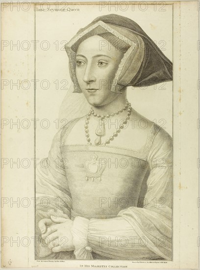 Queen Jane Seymour, March 26, 1795, Francesco Bartolozzi (Italian, 1727-1815), after Hans Holbein the younger (German, 1497-1543), Italy, Stipple engraving on cream wove paper, 521 x 283 mm (image), 540 x 310 mm (plate), 540 x 401(sheet)