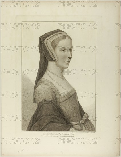 Portrait of a Woman, December 10, 1799, Francesco Bartolozzi (Italian, 1727-1815), after Hans Holbein the younger (German, 1497-1543), Italy, Stipple engraving on ivory wove paper, 383 x 258 mm (image), 430 x 301 mm (plate), 540 x 412 mm (sheet)