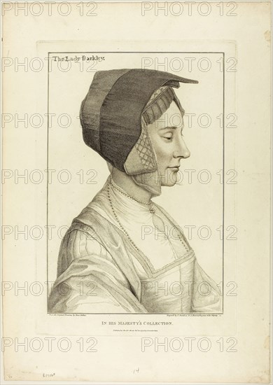 Lady Barkley, September 22, 1795, Francesco Bartolozzi (Italian, 1727-1815), after Hans Holbein the younger (German, 1497-1543), Italy, Stipple engraving on cream wove paper, 372 x 256 mm (image), 420 x 286 mm (plate), 539 x 381 mm (sheet)