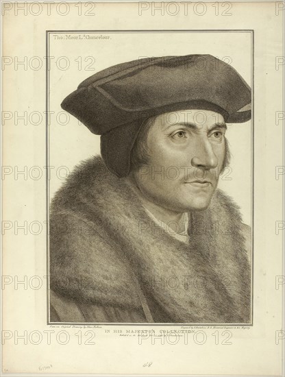 Sir Thomas More, Lord Chancellor, October 1, 1793, Francesco Bartolozzi (Italian, 1727-1815), after Hans Holbein the younger (German, 1497-1543), Italy, Stipple engraving on cream wove paper, 429 x 302 mm (image), 461 x 338 mm (plate), 540 x 408 mm (sheet)
