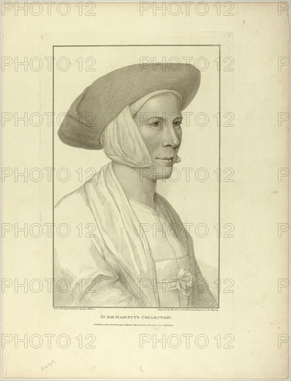 Portrait of a Peasant Woman, August 1, 1799, Francesco Bartolozzi (Italian, 1727-1815), after Hans Holbein the younger (German, 1497-1543), Italy, Stipple engraving on ivory wove paper, 377 x 241 mm (image), 429 x 280 mm (plate), 541 x 413 mm (sheet)