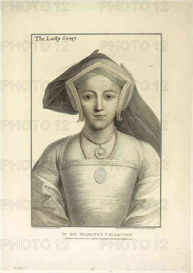The Lady Surrey, June 11, 1796, Francesco Bartolozzi (Italian, 1727-1815), after Hans Holbein the younger (German, 1497-1543), Italy, Stipple engraving on ivory wove paper, 329 x 222 mm (image), 378 x 264 mm (plate), 460 x 324 mm (sheet)