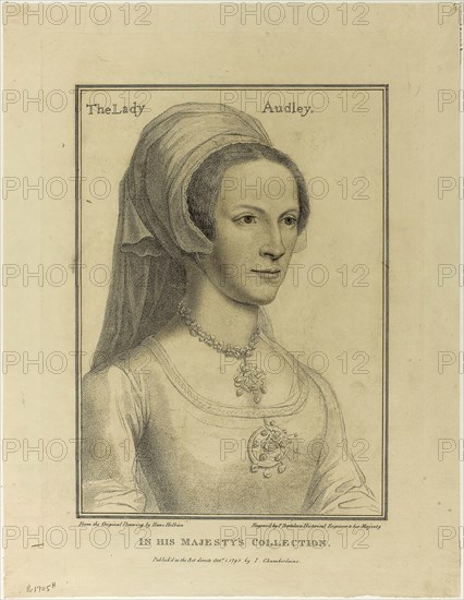 Lady Audley, October 1, 1793, Francesco Bartolozzi (Italian, 1727-1815), after Hans Holbein the younger (German, 1497-1543), Italy, Stipple engraving on cream wove paper, 287 x 207 mm (image), 360 x 254 mm (plate), 394 x 303 mm (sheet)