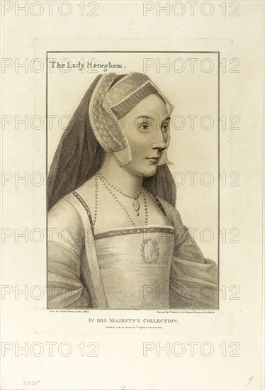 The Lady Henegham, January 1, 1796, Francesco Bartolozzi (Italian, 1727-1815), after Hans Holbein the younger (German, 1497-1543), Italy, Stipple engraving on ivory wove paper, 308 x 206 mm (image), 355 x 238 mm (plate), 461 x 311 mm (sheet)