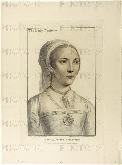 Lady Montegle, December 1, 1796, Francesco Bartolozzi (Italian, 1727-1815), after Hans Holbein the younger (German, 1497-1543), Italy, Stipple engraving on cream wove paper, 330 x 192 mm (image), 351 x 236 mm (plate), 457 x 335 mm (sheet)