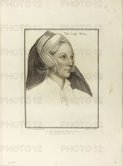 Lady Elyot, May 1, 1792, Francesco Bartolozzi (Italian, 1727-1815), after Hans Holbein the younger (German, 1497-1543), Italy, Stipple engraving on cream wove paper, 274 x 205 mm (image), 306 x 231 mm (plate), 456 x 336 mm (sheet)
