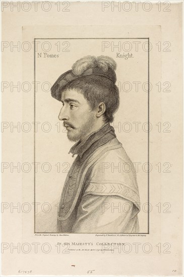 Sir Nicholas Poines, April 6, 1795, Francesco Bartolozzi (Italian, 1727-1815), after Hans Holbein the younger (German, 1497-1543), Italy, Stipple engraving on buff wove paper, 302 x 178 mm (image), 355 x 215 mm (plate), 425 x 281 mm (sheet)