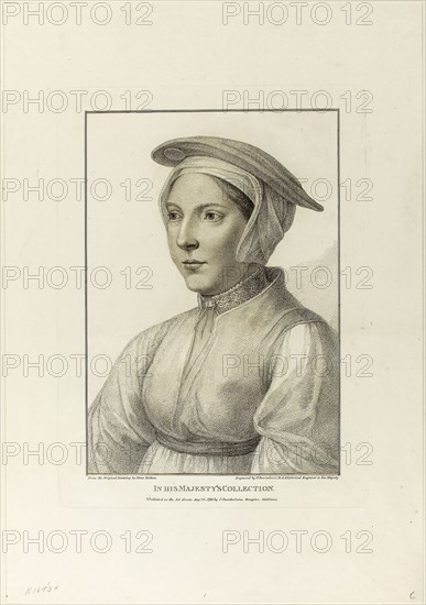 Portrait of a Young Woman, August 13, 1798, Francesco Bartolozzi (Italian, 1727-1815), after Hans Holbein the younger (German, 1497-1543), Italy, Stipple engraving on cream wove paper, 270 x 187 mm (image), 312 x 228 mm (plate), 443 x 307 mm (sheet)