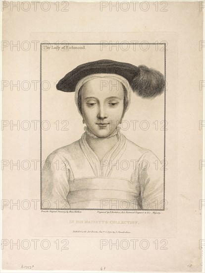 The Lady of Richmond, January 1, 1795, Francesco Bartolozzi (Italian, 1727-1815), after Hans Holbein the younger (German, 1497-1543), Italy, Stipple engraving on buff wove paper, 261 x 196 mm (image), 321 x 233 mm (plate), 424 x 316 mm (sheet)