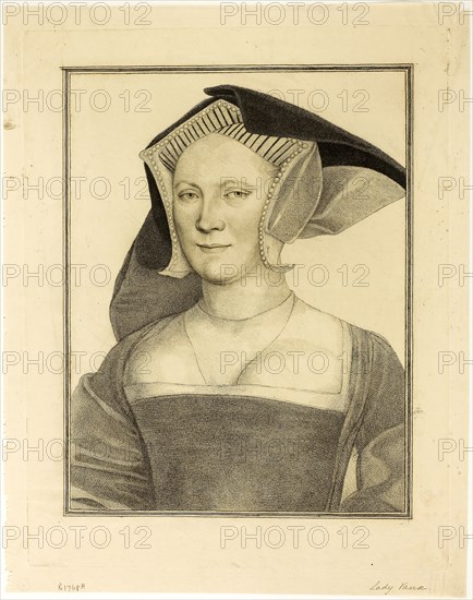 Lady Vaux, March 25, 1793, Francesco Bartolozzi (Italian, 1727-1815), after Hans Holbein the younger (German, 1497-1543), Italy, Stipple engraving on buff laid paper, 279 x 216 mm (image), 335 x 263 mm (plate), 365 x 288 mm (sheet)
